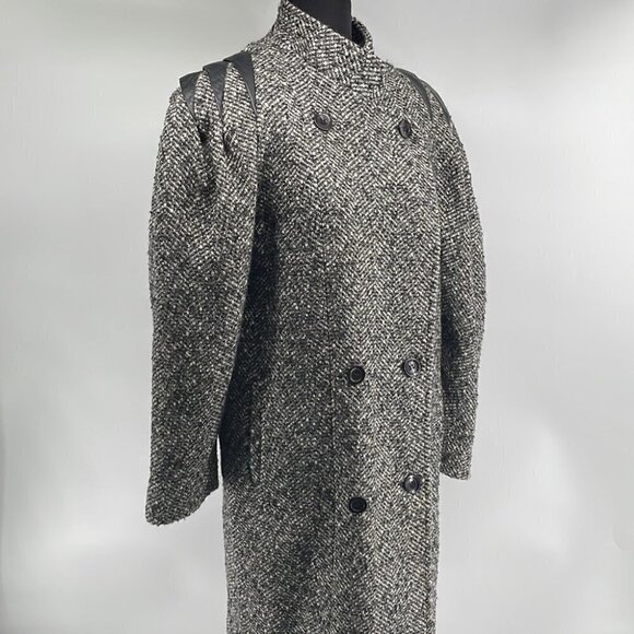 𝅺emblem vintage wool blend full length coat button down faux leather detail - Picture 6 of 9